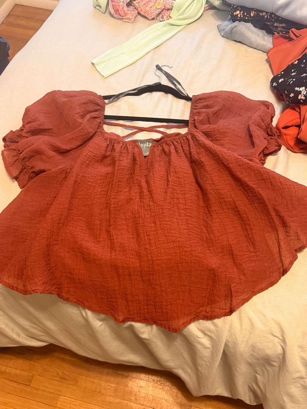 ARULA Rust Red Puff-Sleeve Peasant Blouse